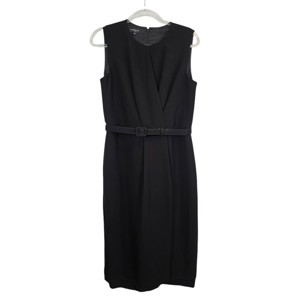 Lafayette 148 Women 10 Sheath Dress Black Faux Wrap Belted Sleeveless Knee Lngth